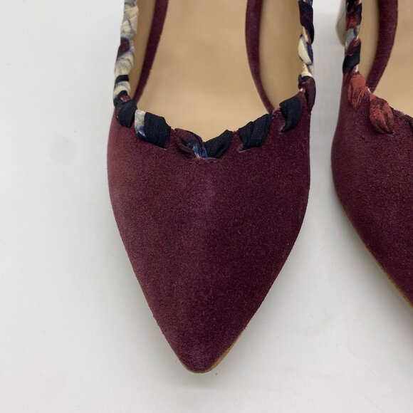 Anthropologie Pointed Toe Pumps 8M Whipstitch Braided Wood Block Heel Suede Wine - Picture 7 of 14